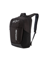 Alpinestars GFX V2 Backpack, Daily Sportswear Backpack, Black, featuring white Astars logo and vertical branding, side mesh pocket, padded air mesh shoulder straps, durable polyester design