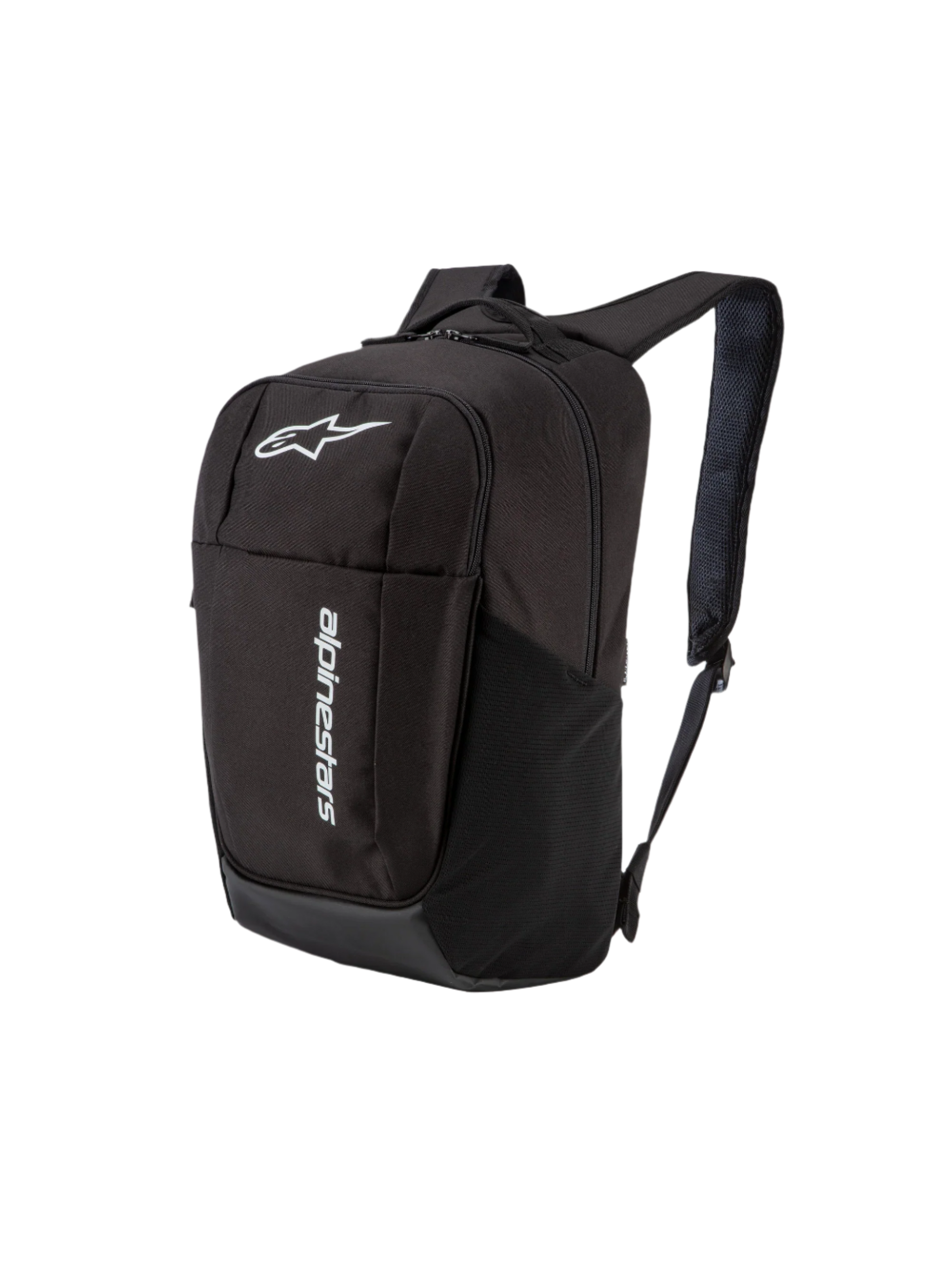 Alpinestars GFX V2 Backpack, Daily Sportswear Backpack, Black, featuring white Astars logo and vertical branding, side mesh pocket, padded air mesh shoulder straps, durable polyester design