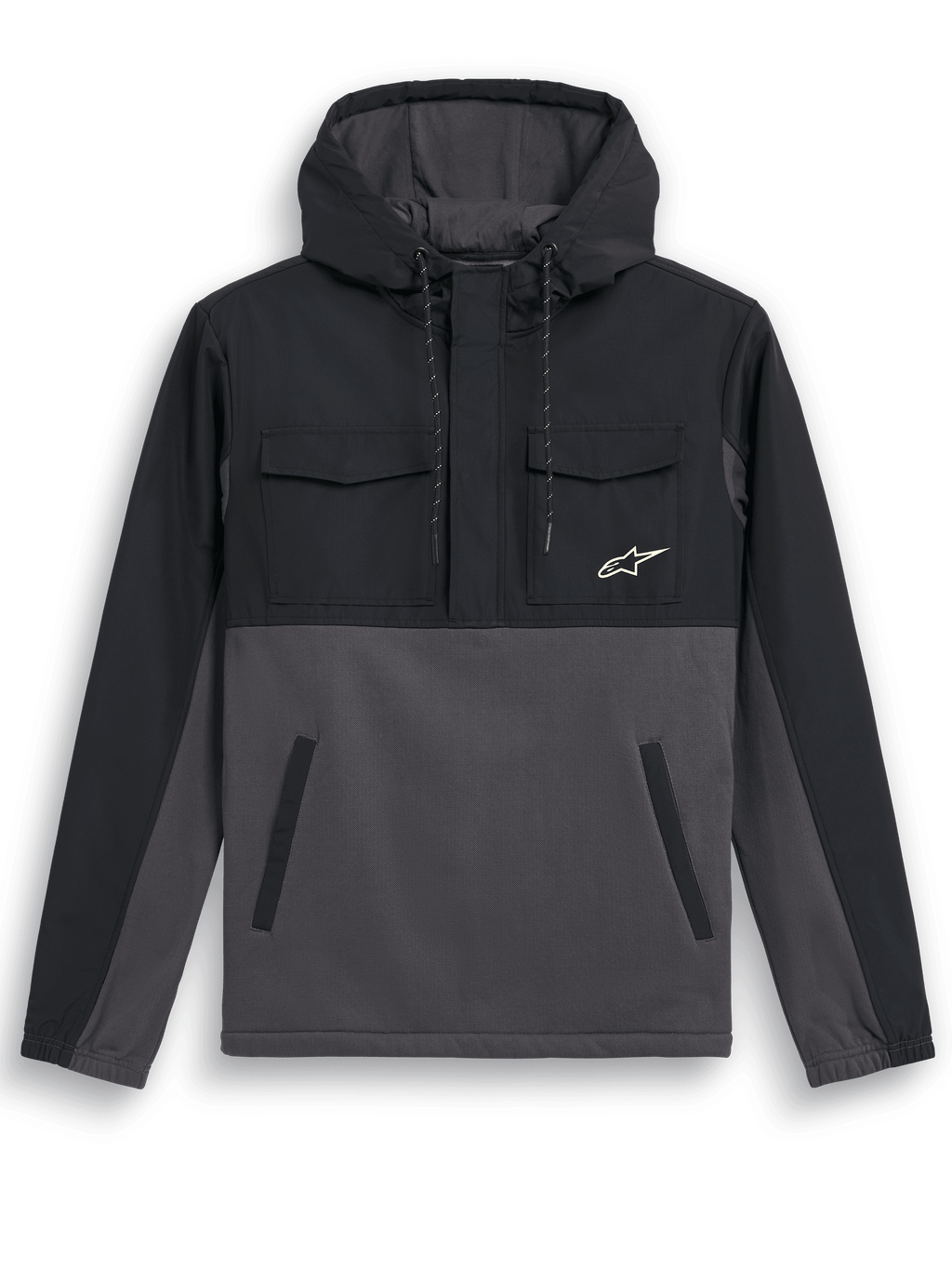 Alpinestars Juncture Hybrid Jas, Anorak hoodie, Black Gunmetal, ontwerp van gemengde materialen met ripstop-overlay op het juk en de capuchon, romp van canvas fleece, borstzakken met klep, onderste steekzakken, klein wit sterlogo, casual op de motorsport geïnspireerde jas