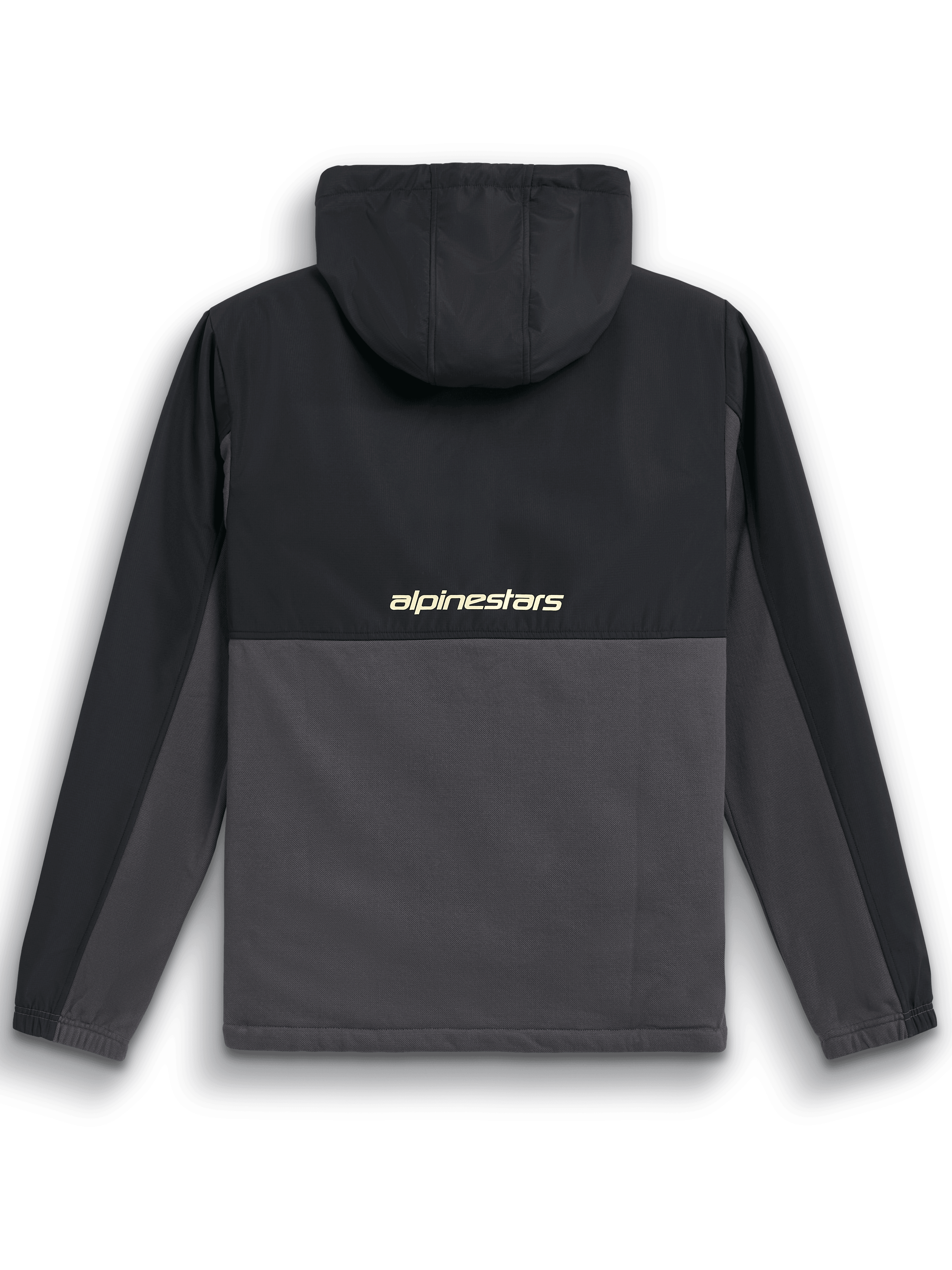 Alpinestars Juncture Hybrid Jas, achteraanzicht, zwart en gunmetal, anorak van verschillende materialen met ripstop juk en capuchon, voorzien van 'alpinestars' logo midden op de rug, casual motorsport streetwear