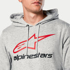 Alpinestars Always V3 Hoodie, grijs gemêleerd, close-up van de borst met rood sterlogo en zwarte Alpinestars-tekst, jersey gevoerde capuchon met grijze trekkoorden, casual motorsport streetwear