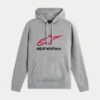 Alpinestars Always V3 Hoodie, pullover fleece in Grey Heather, met een rood omlijnd sterlogo en zwarte Alpinestars tekst op de borst, capuchon met trekkoord, kangoeroezak aan de voorkant, casual motorsport-geïnspireerde streetwear