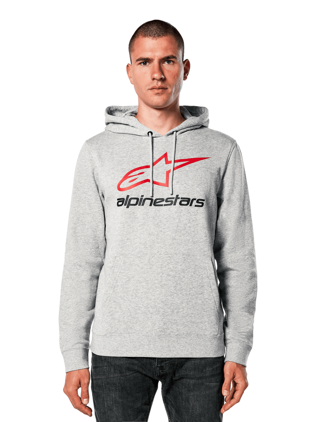 Alpinestars Always V3 hoodie, lichtgrijs gemêleerd met rood en zwart sterlogo, gedragen door een model, casual streetwear, capuchon met trekkoord, kangoeroezak, motorsport heritage design