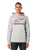 Alpinestars Always V3 hoodie, lichtgrijs gemêleerd met rood en zwart sterlogo, gedragen door een model, casual streetwear, capuchon met trekkoord, kangoeroezak, motorsport heritage design