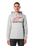 Alpinestars Always V3 hoodie, lichtgrijs gemêleerd met rood en zwart sterlogo, gedragen door een model, casual streetwear, capuchon met trekkoord, kangoeroezak, motorsport heritage design