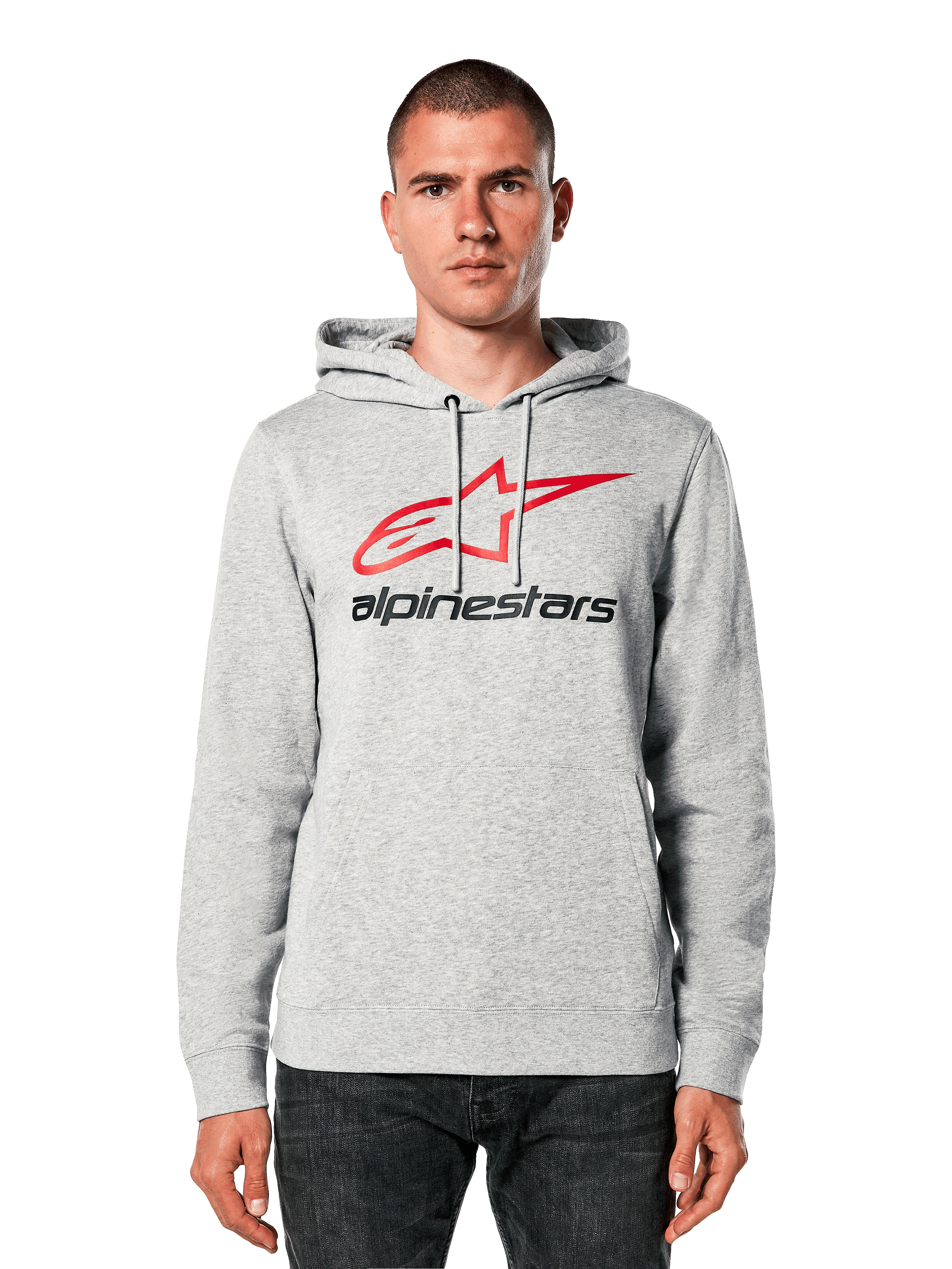 Alpinestars Always V3 hoodie, lichtgrijs gemêleerd met rood en zwart sterlogo, gedragen door een model, casual streetwear, capuchon met trekkoord, kangoeroezak, motorsport heritage design