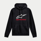 Alpinestars Always V3 Hoodie, zwarte pullover fleece met wit sterlogo en rode branding, casual motorsport streetwear, geribde boorden en zoom