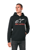 Alpinestars Always V3 Hoodie, zwarte casual hoodie met wit sterlogo en rode alpinestars-tekst, pullover-ontwerp met kangoeroezak aan de voorzijde, lifestyle motorsport streetwear
