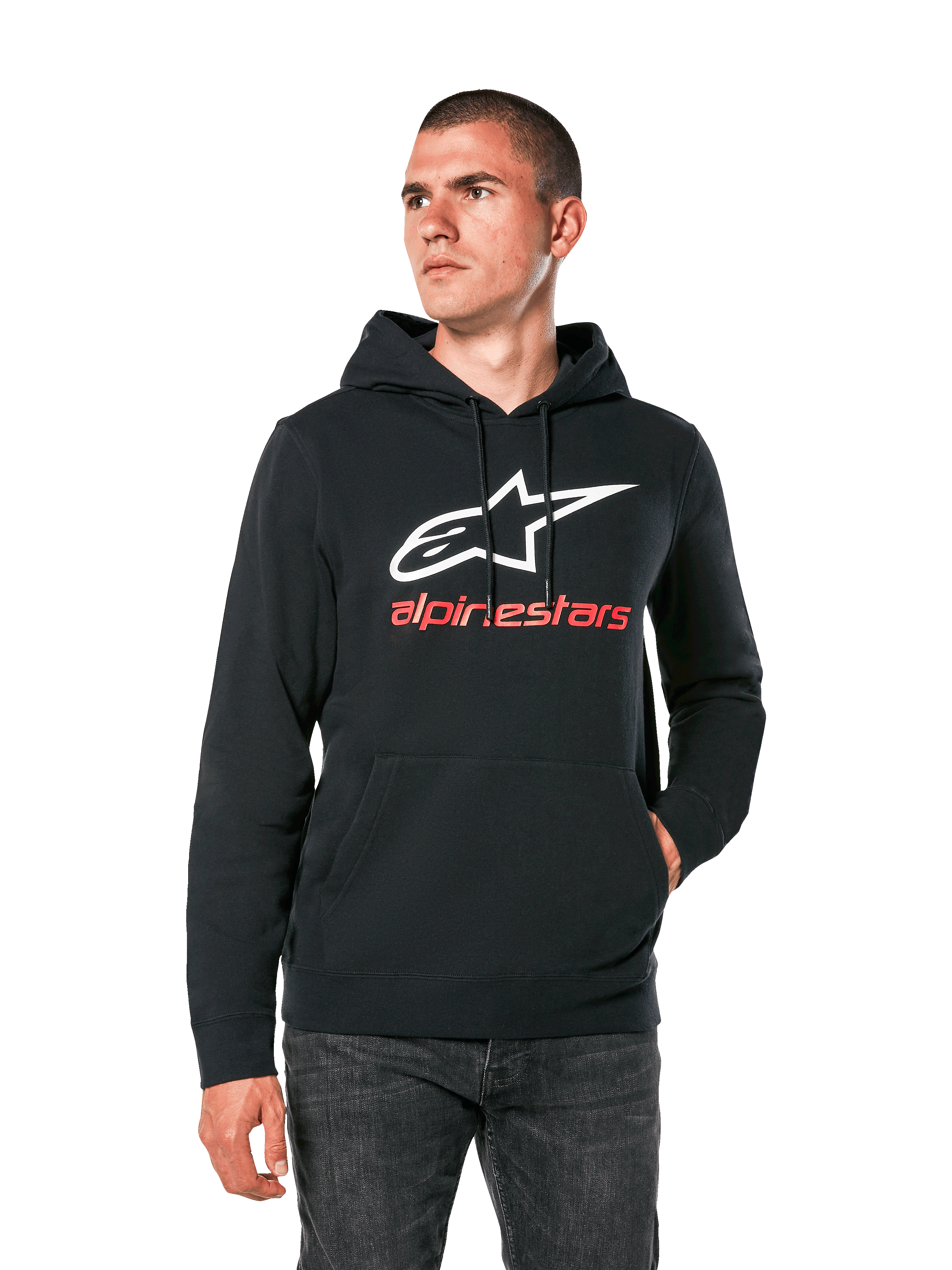 Alpinestars Always V3 Hoodie, zwarte casual hoodie met wit sterlogo en rode alpinestars-tekst, pullover-ontwerp met kangoeroezak aan de voorzijde, lifestyle motorsport streetwear