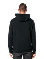 Alpinestars Blaze V3 Hoodie, achteraanzicht van man die zwarte pullover hoodie draagt, ribboorden en zoom, jersey-gevoerde capuchon, casual op motorsport geïnspireerde streetwear