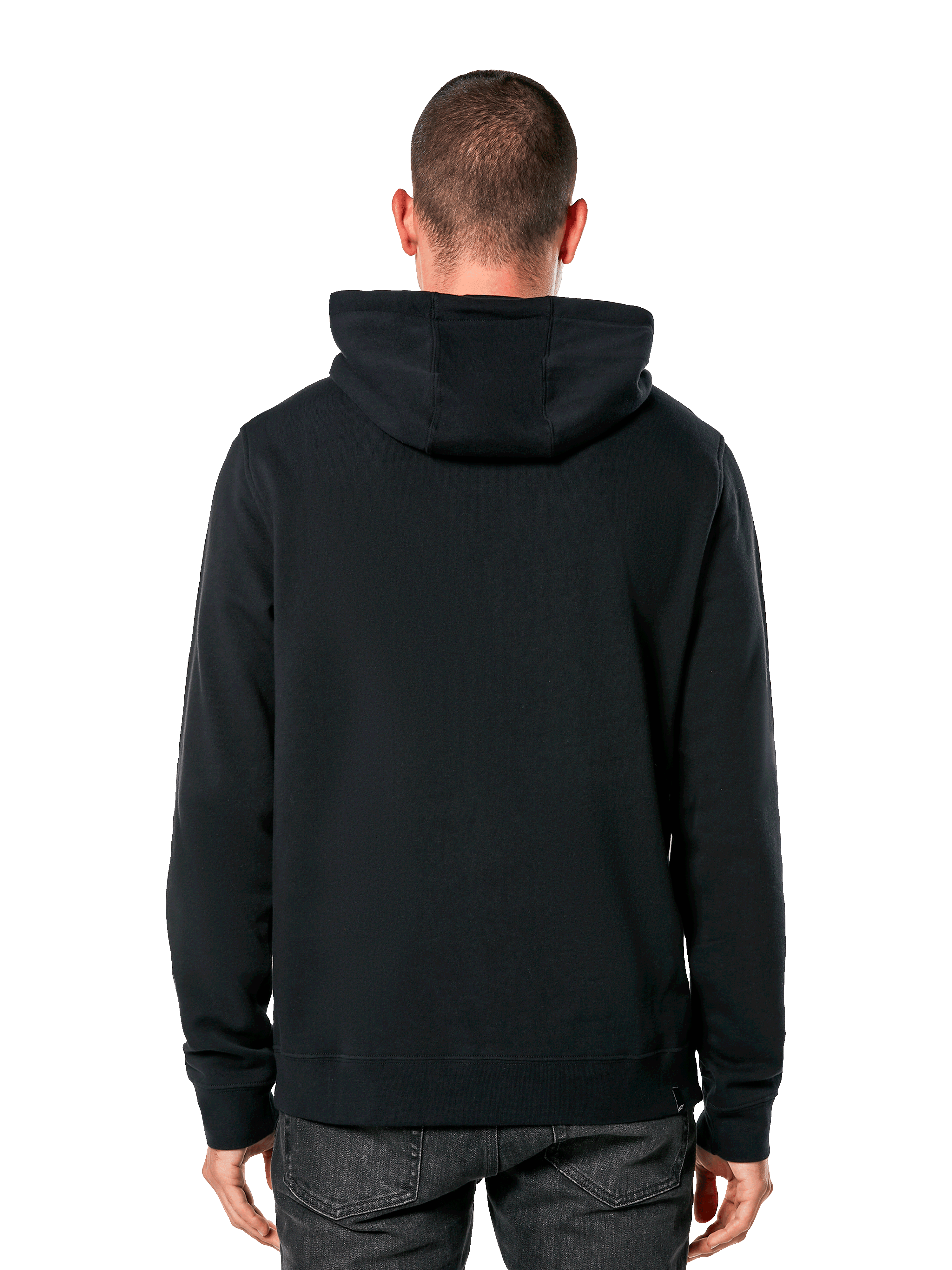 Alpinestars Blaze V3 Hoodie, achteraanzicht van man die zwarte pullover hoodie draagt, ribboorden en zoom, jersey-gevoerde capuchon, casual op motorsport geïnspireerde streetwear
