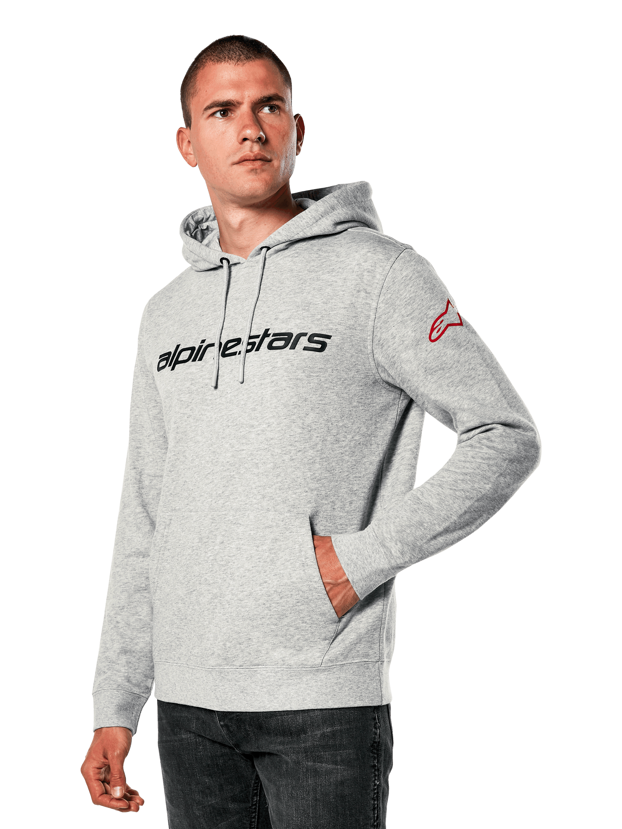 Alpinestars Linear Wordmark V3 Hoodie, grijze gemêleerde pullover hoodie, zwart woordmerk op de borst, rood logo op de mouw, met jersey gevoerde capuchon met trekkoorden, zak aan de voorzijde, casual motorsport-geïnspireerde streetwear