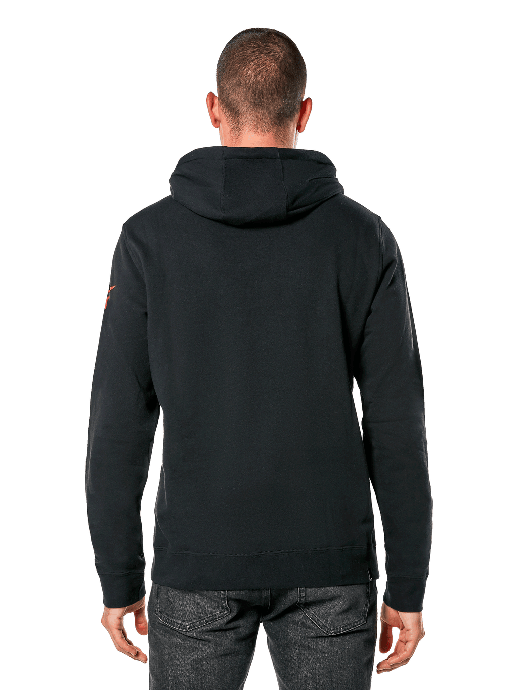 Alpinestars Linear Wordmark V3 Hoodie, casual streetwear, zwarte hoodie van de achterkant gezien, rood logo op de mouw, geribbelde manchetten en zoom, modern op de motorsport geïnspireerd ontwerp