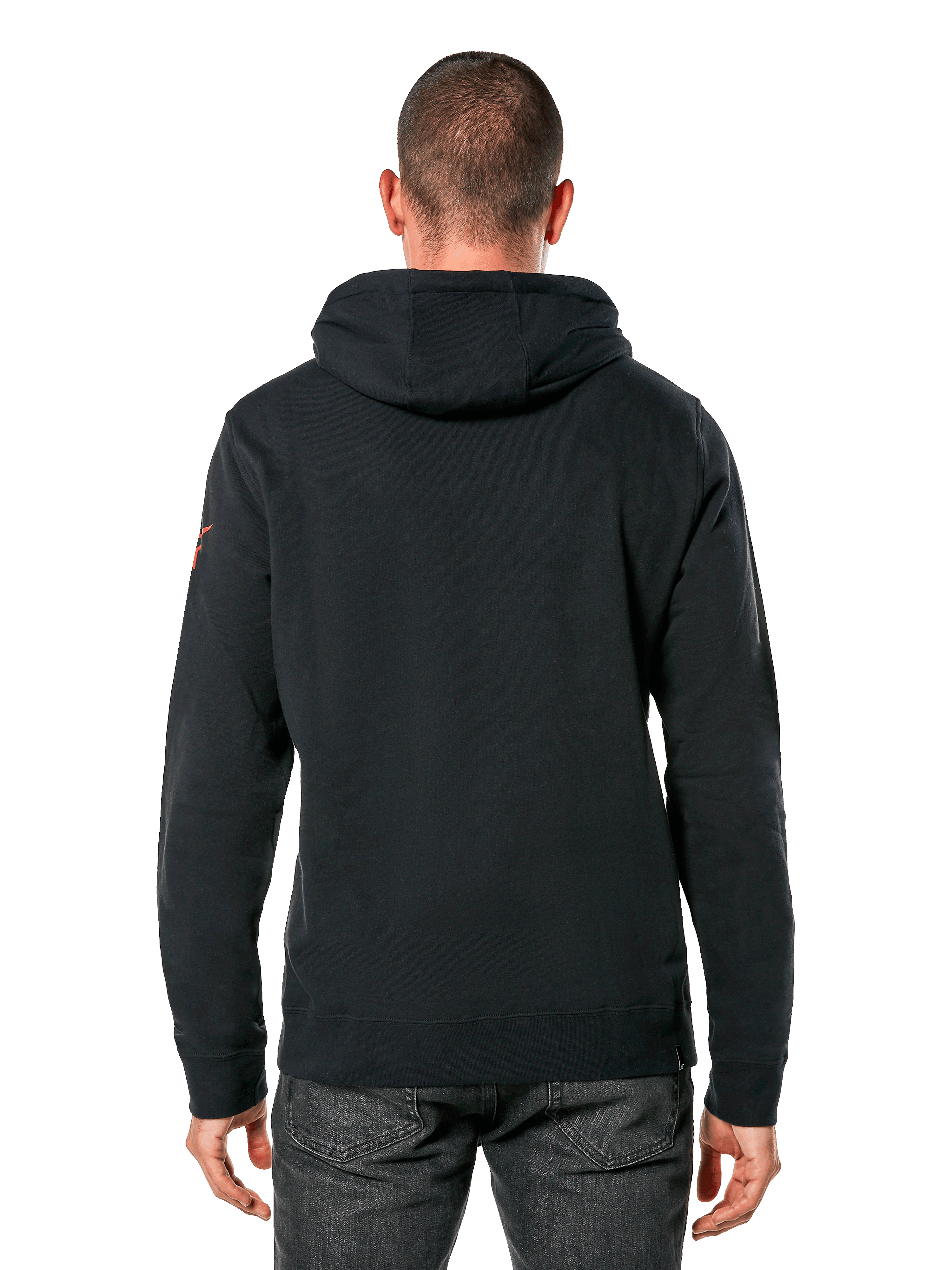 Alpinestars Linear Wordmark V3 Hoodie, casual streetwear, zwarte hoodie van de achterkant gezien, rood logo op de mouw, geribbelde manchetten en zoom, modern op de motorsport geïnspireerd ontwerp