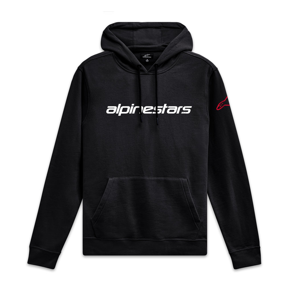 Alpinestars Linear Wordmark V3 Hoodie, zwarte sportieve hoodie met capuchon, wit logo op de borst en rode merkopdruk op de mouw