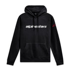 Alpinestars Linear Wordmark V3 Hoodie, zwarte sportieve hoodie met capuchon, wit logo op de borst en rode merkopdruk op de mouw
