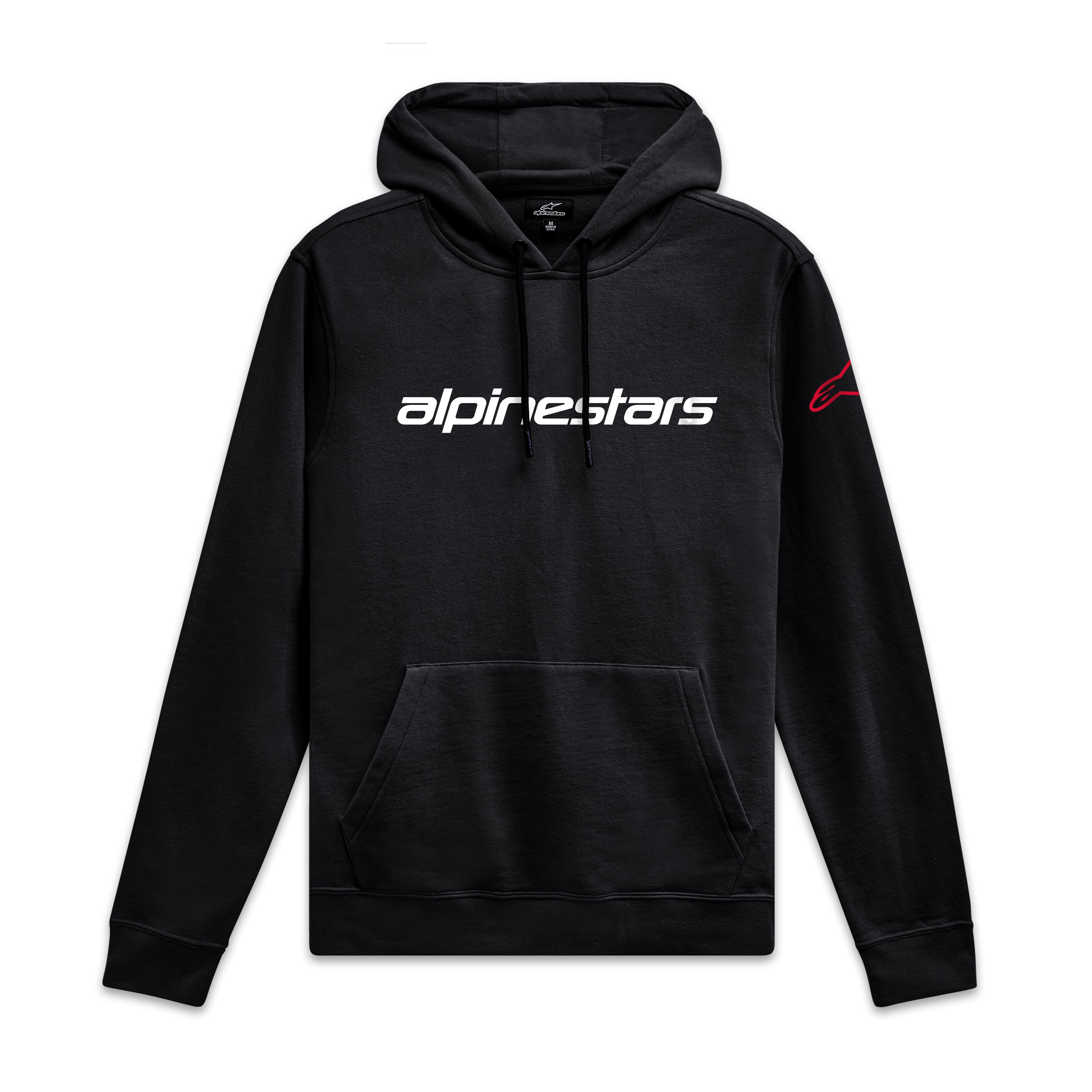 Alpinestars Linear Wordmark V3 Hoodie, zwarte sportieve hoodie met capuchon, wit logo op de borst en rode merkopdruk op de mouw