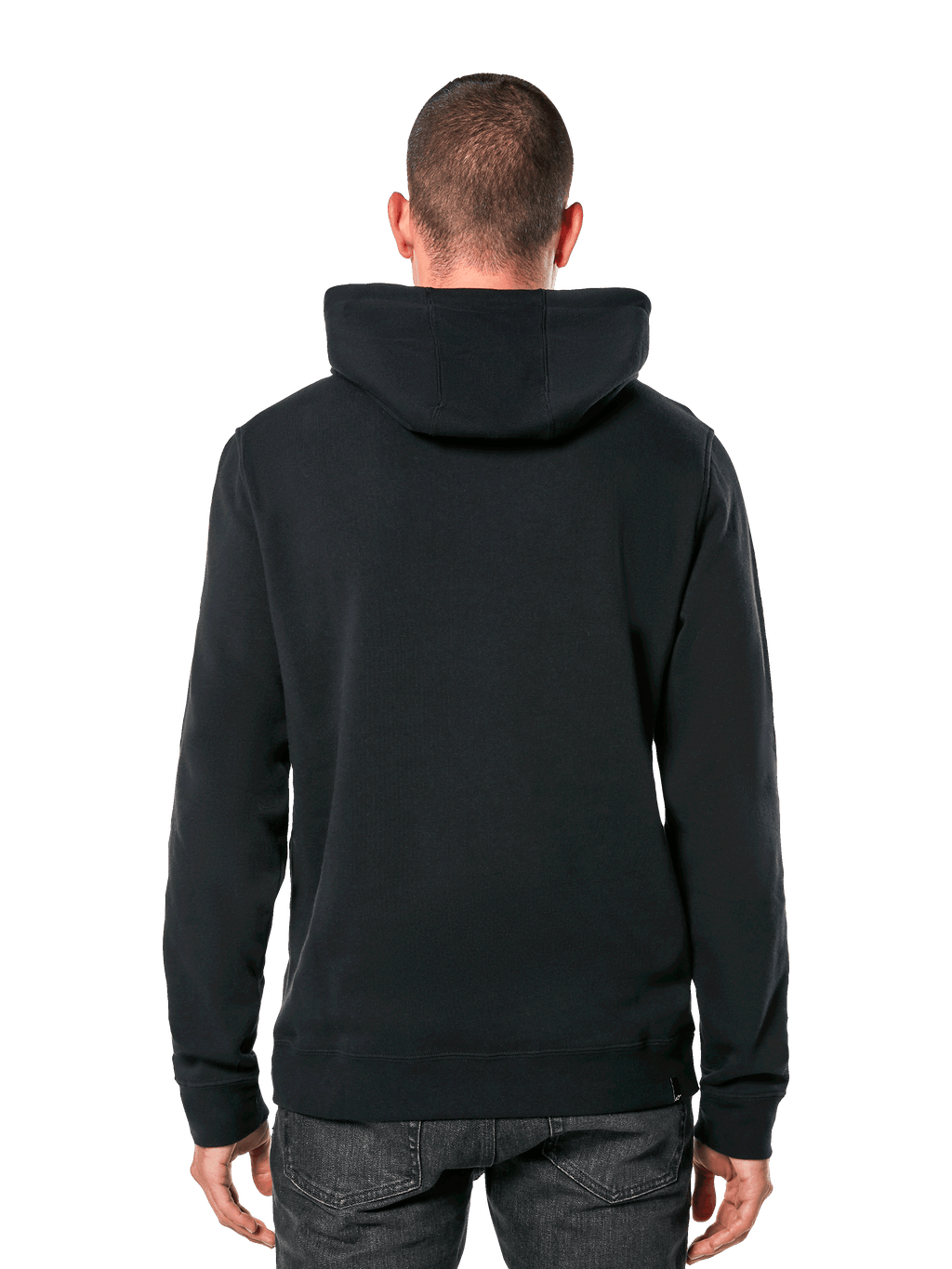 Alpinestars Ride 4.0 Hoodie, achteraanzicht, casual zwarte streetwear, effen fleece pullover met capuchon, geribde boorden en zoom, gedragen met donkere jeans, modern op motorsport geïnspireerd ontwerp