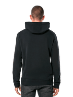 Alpinestars Ride 4.0 Hoodie, achteraanzicht, casual zwarte streetwear, effen fleece pullover met capuchon, geribde boorden en zoom, gedragen met donkere jeans, modern op motorsport geïnspireerd ontwerp