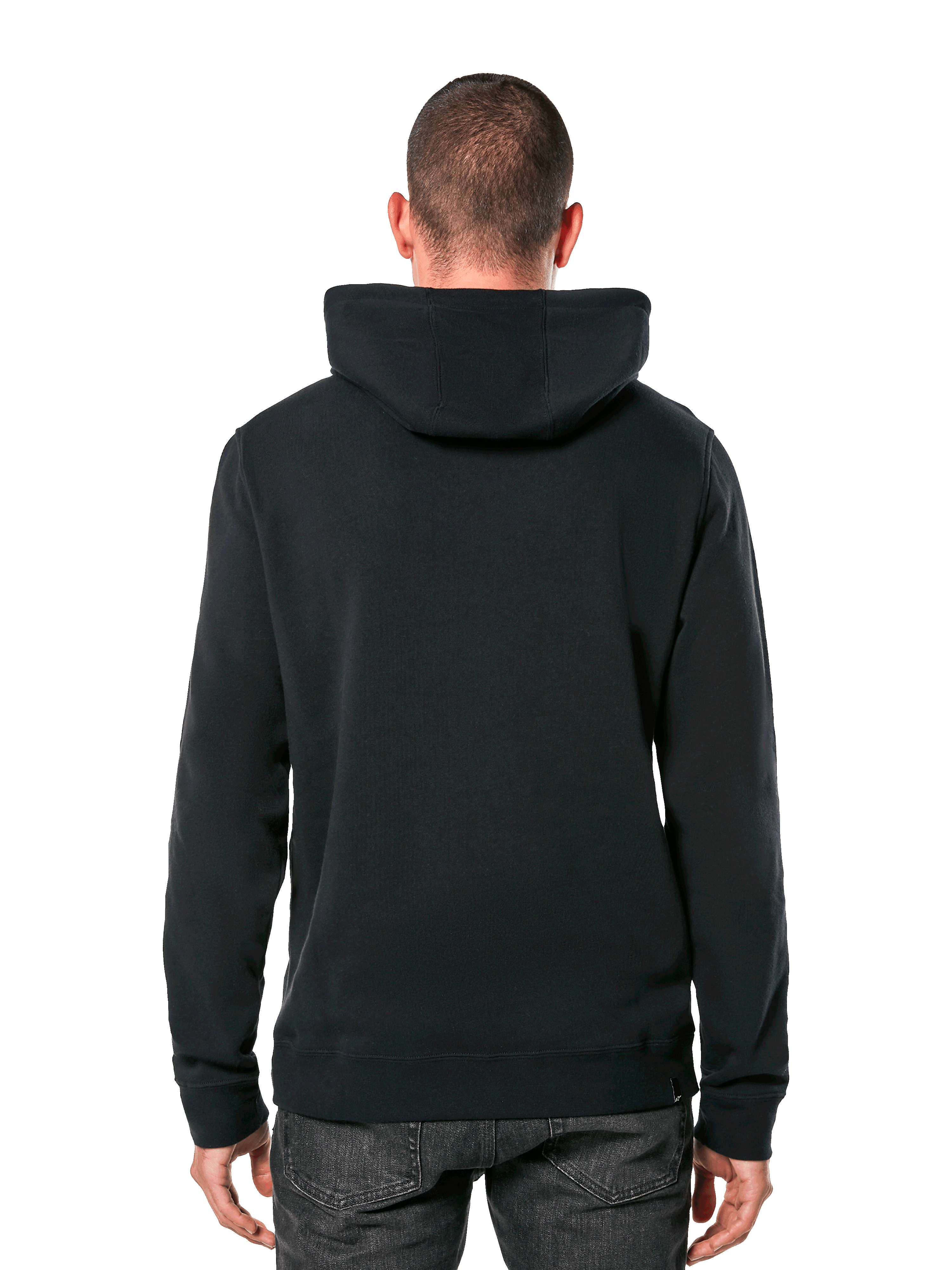 Alpinestars Ride 4.0 Hoodie, achteraanzicht, casual zwarte streetwear, effen fleece pullover met capuchon, geribde boorden en zoom, gedragen met donkere jeans, modern op motorsport geïnspireerd ontwerp