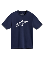 Alpinestars Ageless 2.0 CSF T-shirt, marineblauw T-shirt met korte mouwen en een groot wit Alpinestars-logo op de borst.