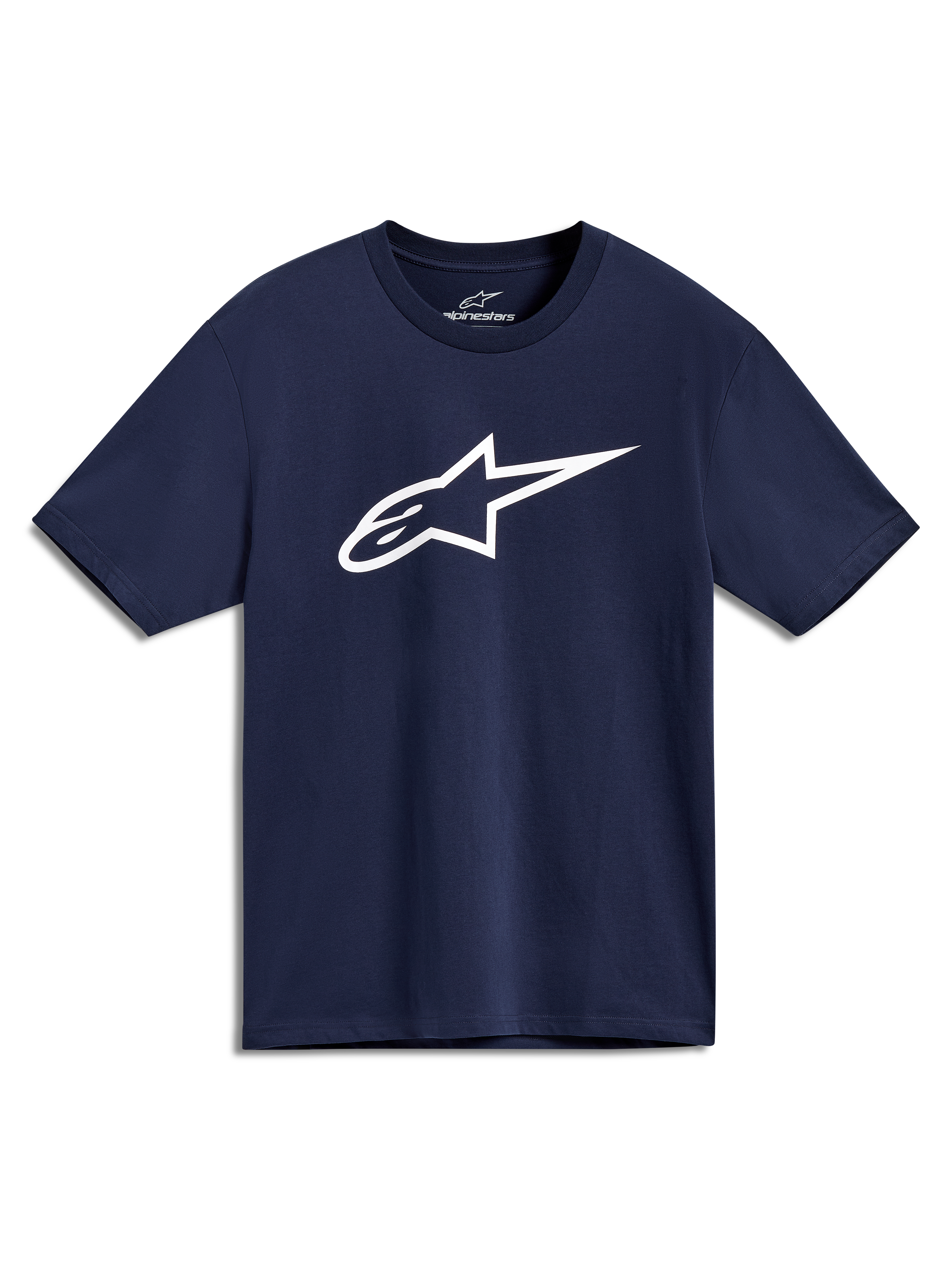 Alpinestars Ageless 2.0 CSF T-shirt, marineblauw T-shirt met korte mouwen en een groot wit Alpinestars-logo op de borst.