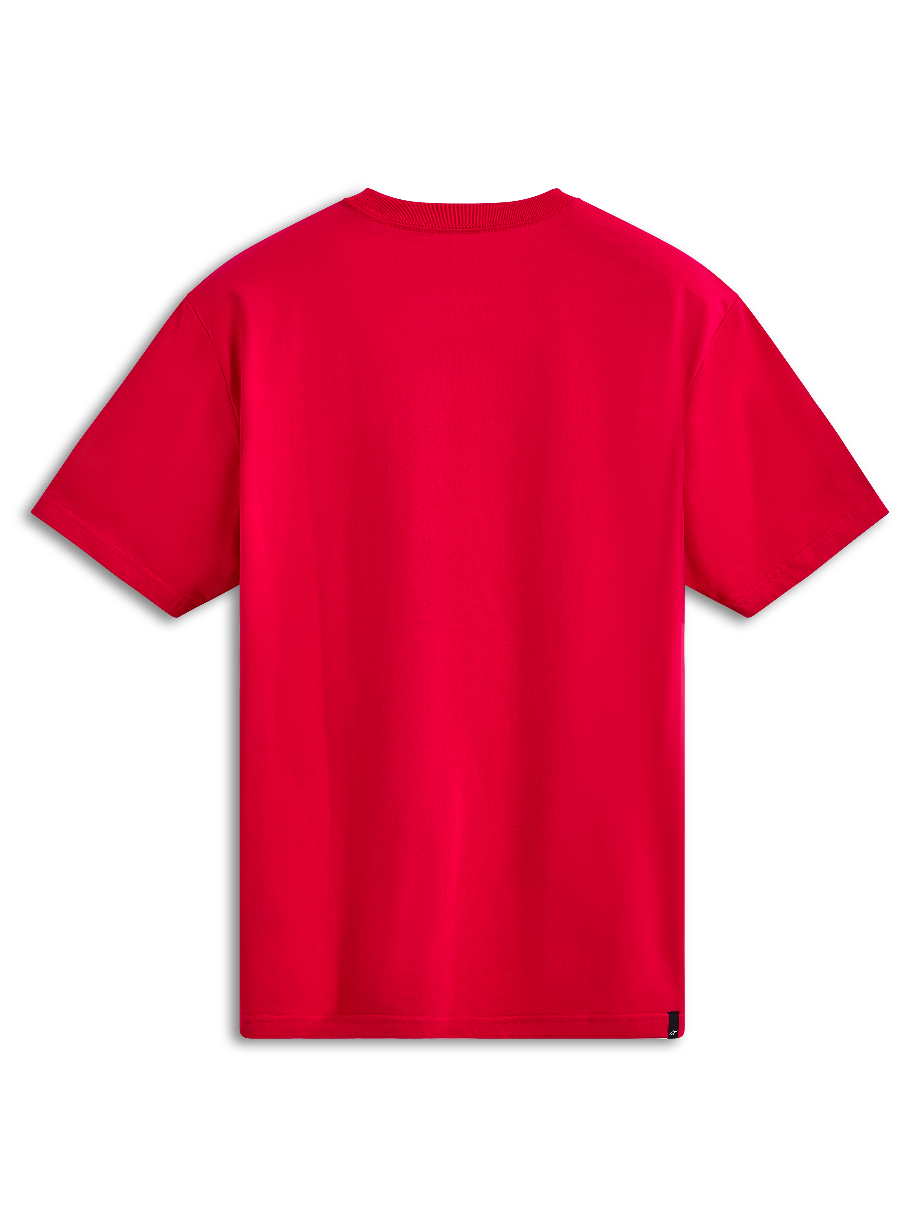 Alpinestars Ageless Shadow CSF Tee, Short Sleeve T-Shirt, Red, Back View, features a plain red design with a small black brand tag on the bottom hem, casual sportswear