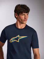Alpinestars Ageless Shadow CSF Tee, Short Sleeve T-Shirt, Navy Blue with Orange and Light Blue Astars Logo, Casual Motorsport Streetwear