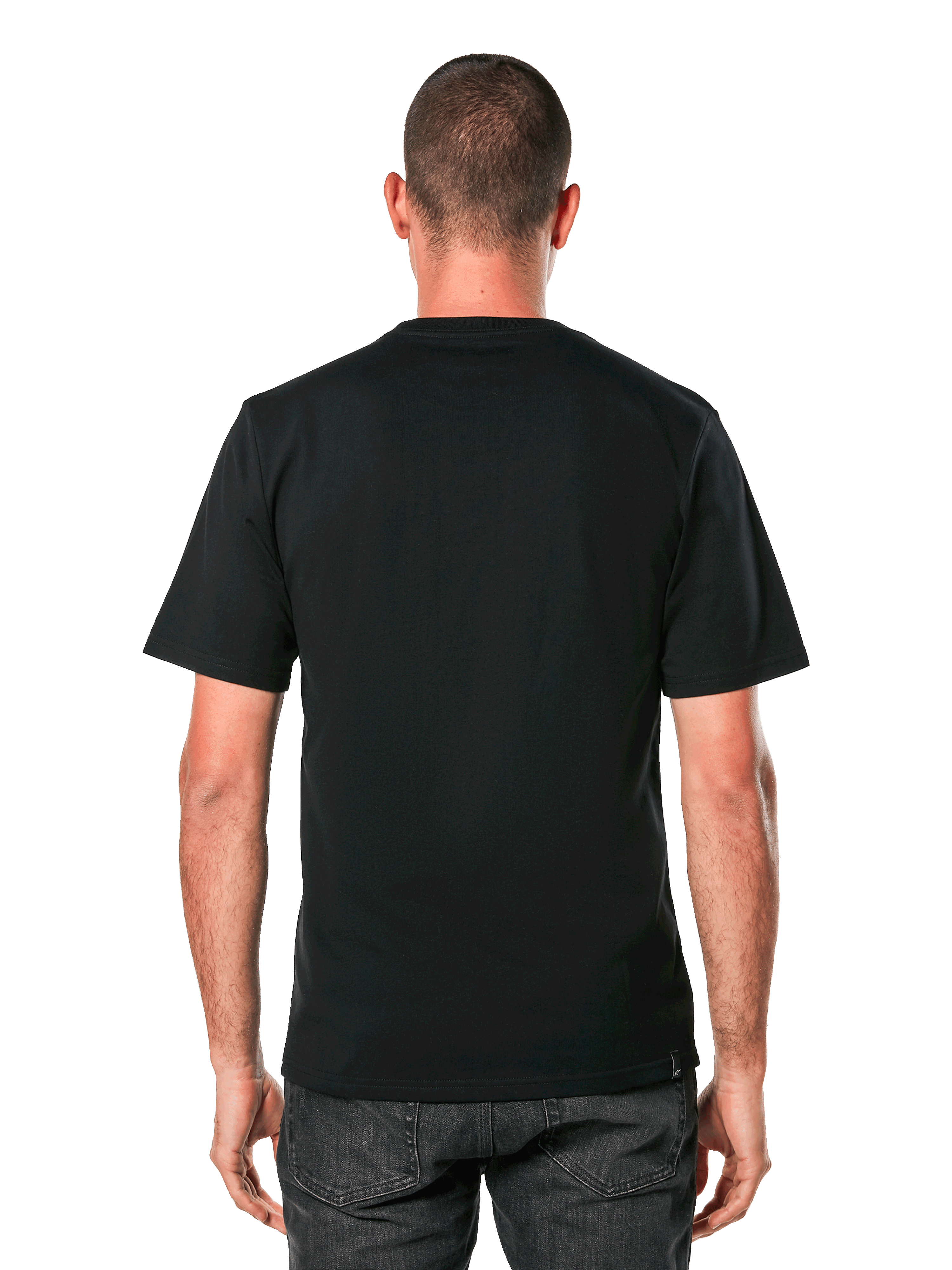 Alpinestars Always 2.0 CSF Tee, T-shirt met korte mouwen, zwart, achteraanzicht met effen rugontwerp, gedragen door model, casual motorsport streetwear