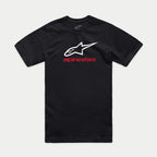 Alpinestars Always 2.0 CSF Tee, T-shirt met korte mouwen, zwart, wit ster-logo met rode Alpinestars-tekst, casual motorsport streetwear