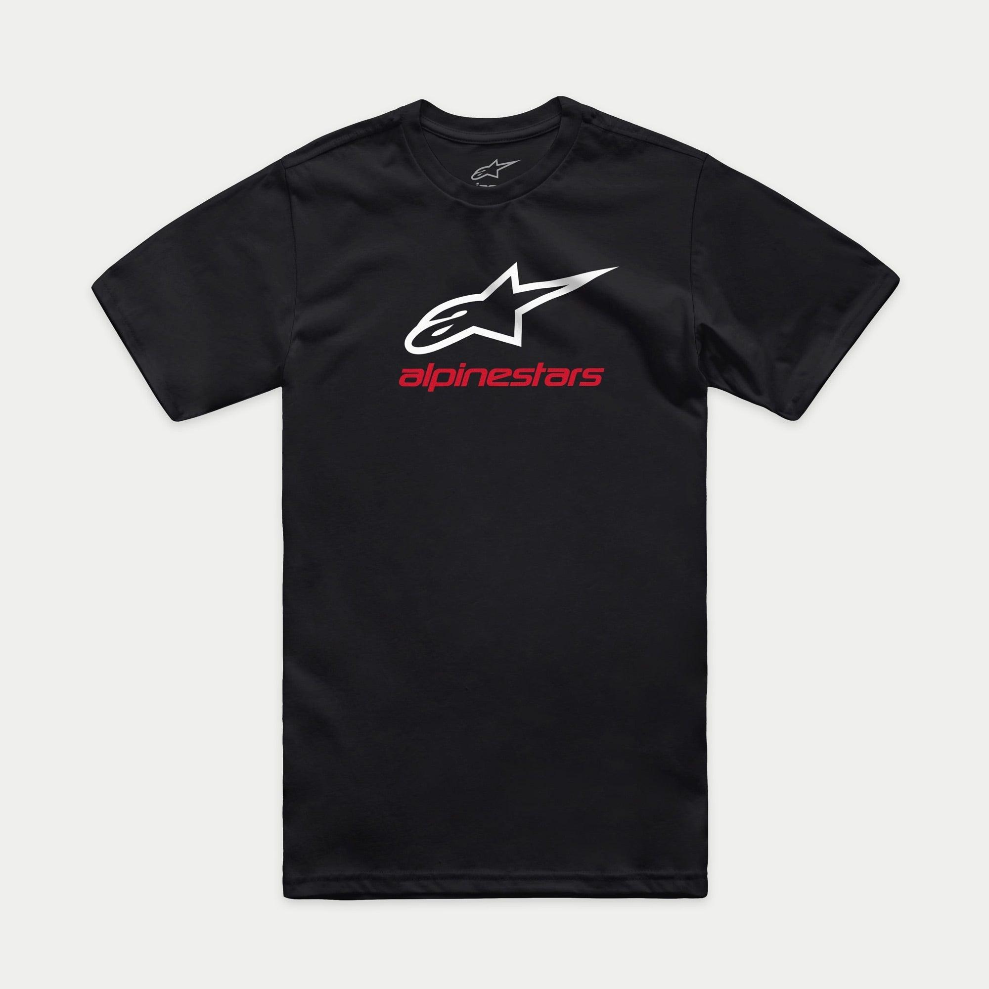 Alpinestars Always 2.0 CSF Tee, T-shirt met korte mouwen, zwart, wit ster-logo met rode Alpinestars-tekst, casual motorsport streetwear