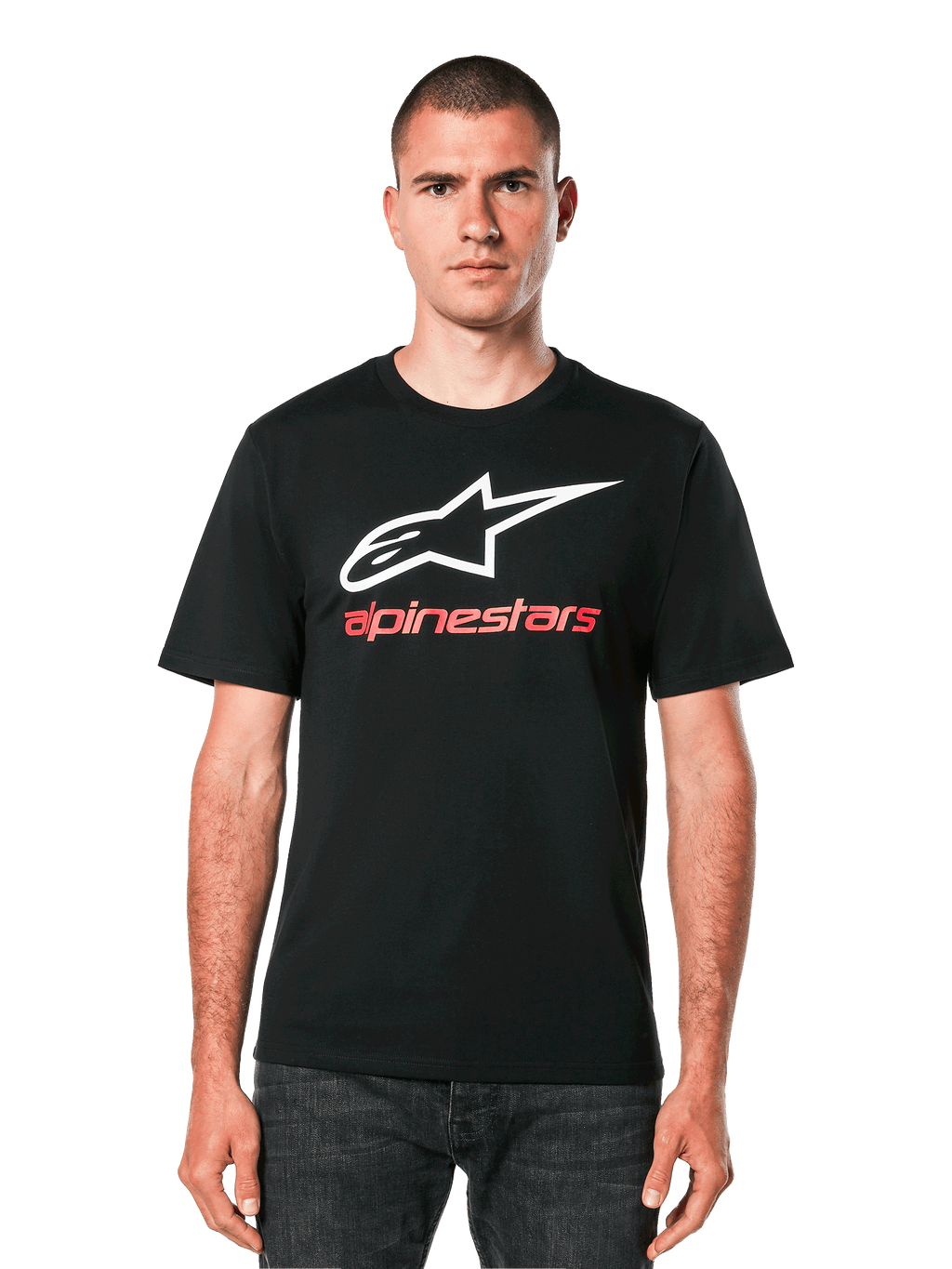 Alpinestars Always 2.0 CSF Tee, T-shirt met korte mouwen, zwart, wit sterlogo met rode Alpinestars tekst, casual motorsport streetwear