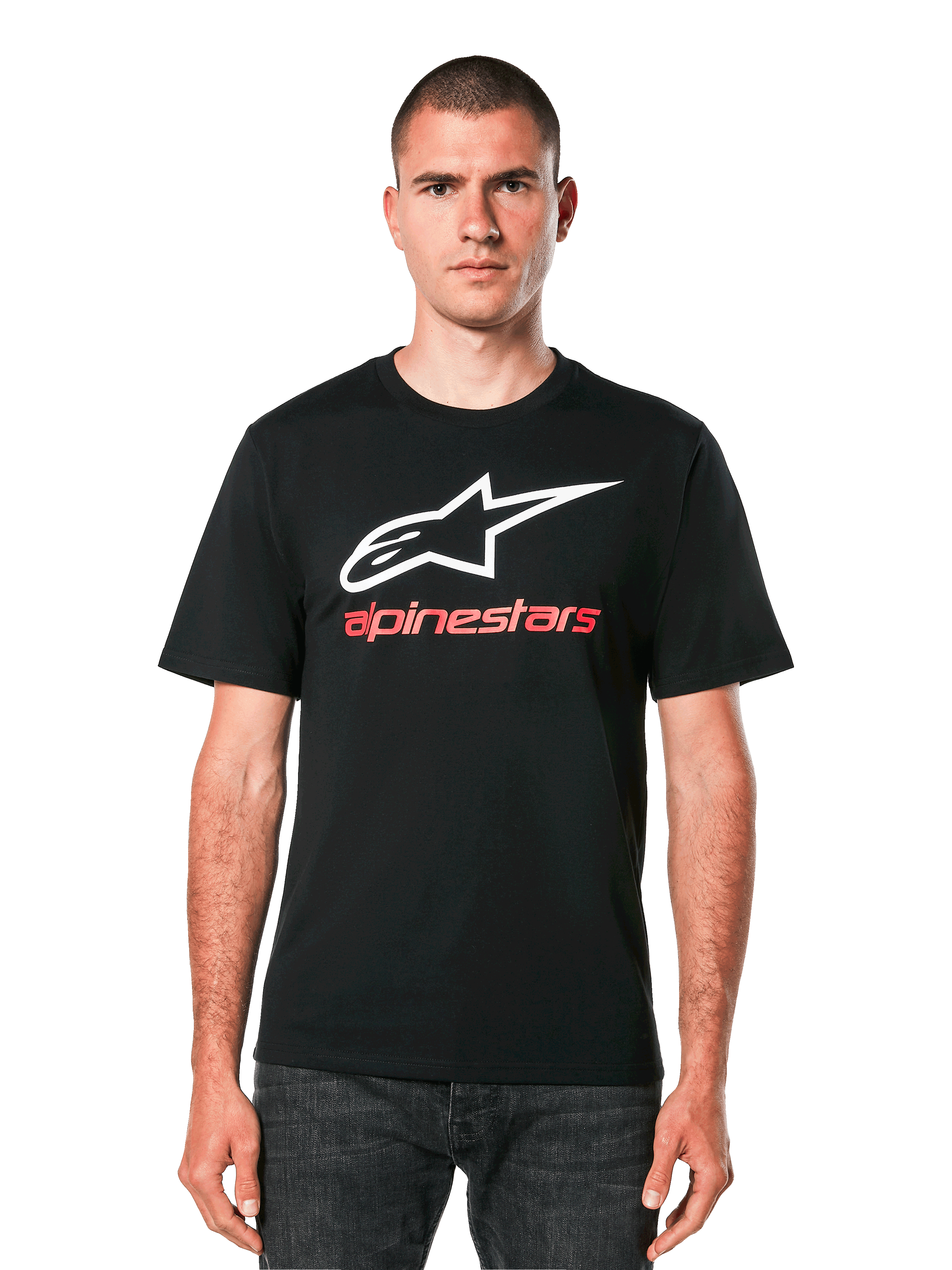Alpinestars Always 2.0 CSF Tee, T-shirt met korte mouwen, zwart, wit sterlogo met rode Alpinestars tekst, casual motorsport streetwear