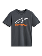 Alpinestars Always 2.0 CSF Tee, T-shirt met korte mouwen, antraciet, groot wit Alpinestars-logo met oranje merknaam, casual motorsport streetwear