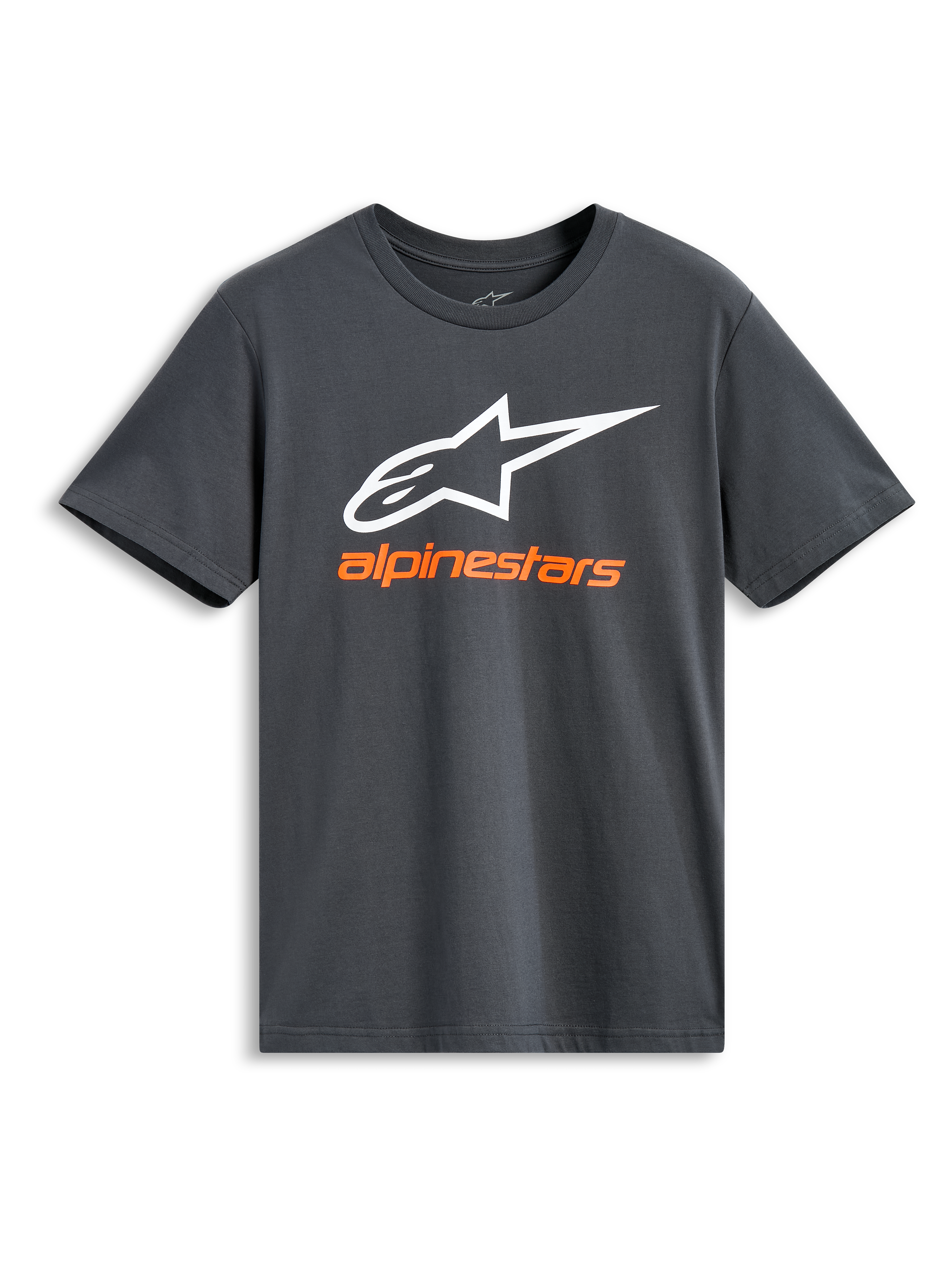Alpinestars Always 2.0 CSF Tee, T-shirt met korte mouwen, antraciet, groot wit Alpinestars-logo met oranje merknaam, casual motorsport streetwear