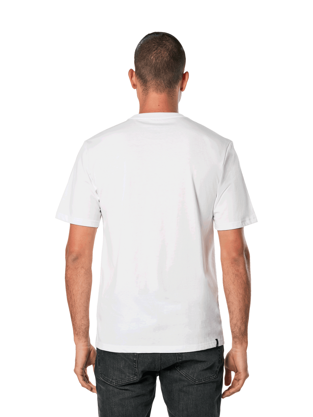 Alpinestars Blaze 2.0 CSF Tee, T-shirt met korte mouwen, wit marineblauw, achteraanzicht van een man die een effen wit T-shirt draagt met een zwarte broek, casual motorsport streetwear