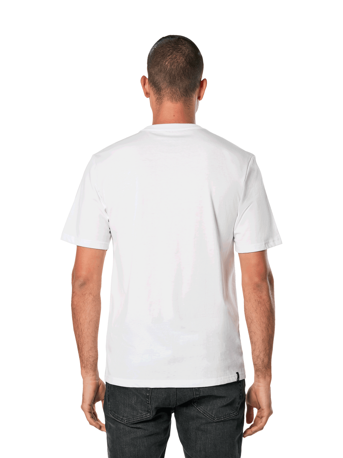 Alpinestars Blaze 2.0 CSF Tee, T-shirt met korte mouwen, wit marineblauw, achteraanzicht van een man die een effen wit T-shirt draagt met een zwarte broek, casual motorsport streetwear