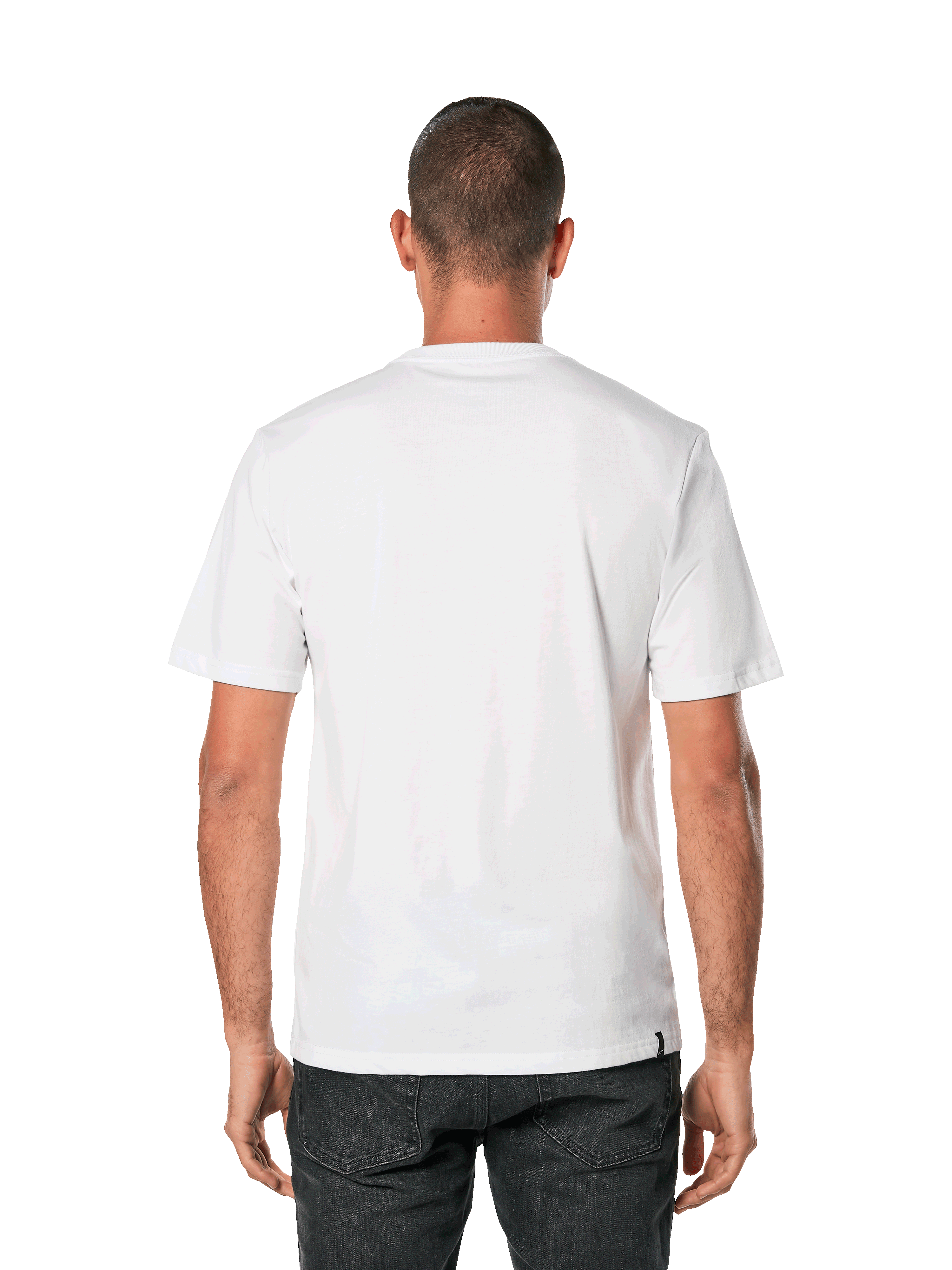 Alpinestars Blaze 2.0 CSF Tee, T-shirt met korte mouwen, wit marineblauw, achteraanzicht van een man die een effen wit T-shirt draagt met een zwarte broek, casual motorsport streetwear