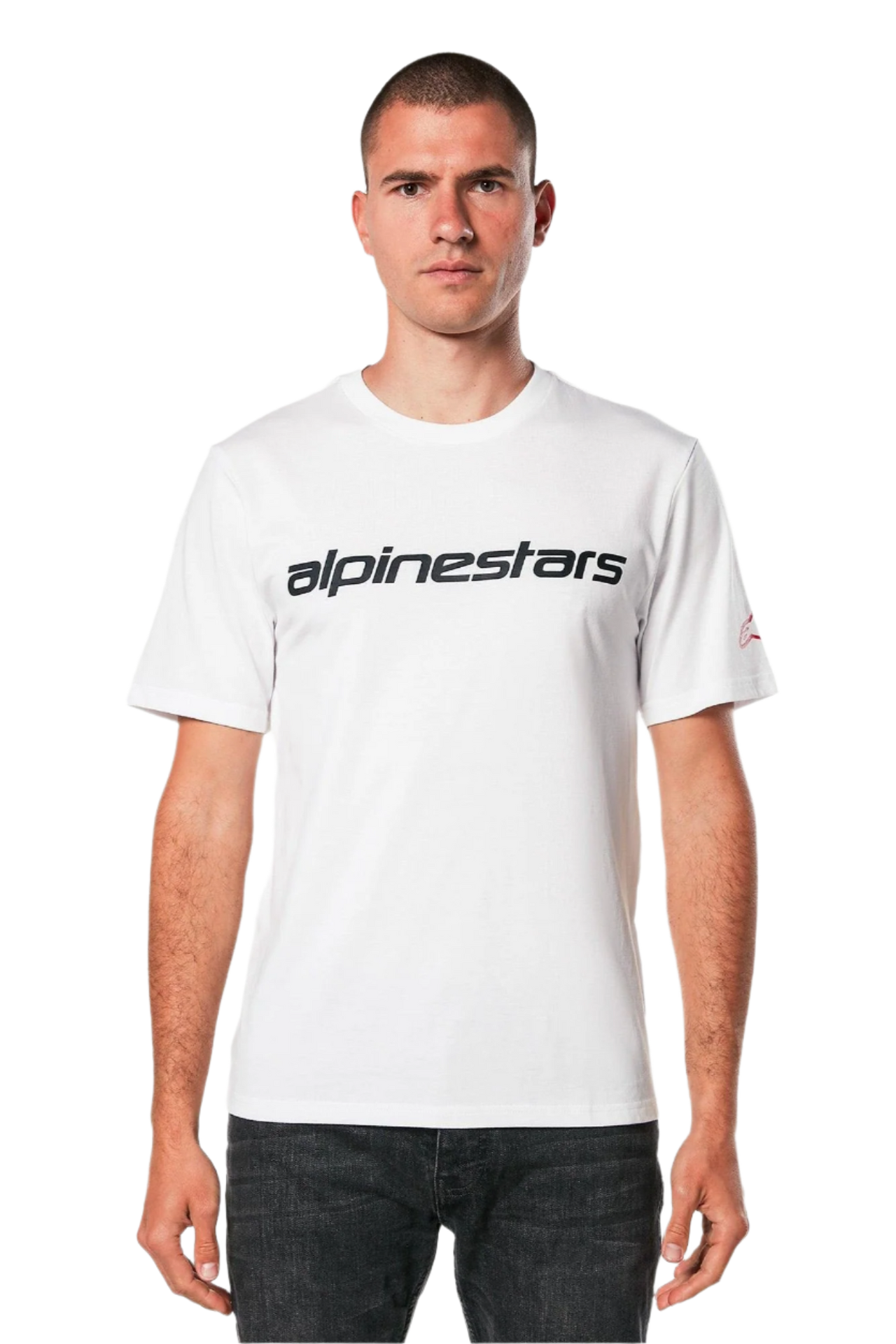 Alpinestars Linear Wordmark 2.0 CSF Tee, Short Sleeve T-Shirt, White, Black wordmark on chest and red Ageless logo on sleeve, Casual motorsport streetwear