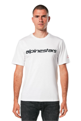 Alpinestars Linear Wordmark 2.0 CSF Tee, Short Sleeve T-Shirt, White, Black wordmark on chest and red Ageless logo on sleeve, Casual motorsport streetwear