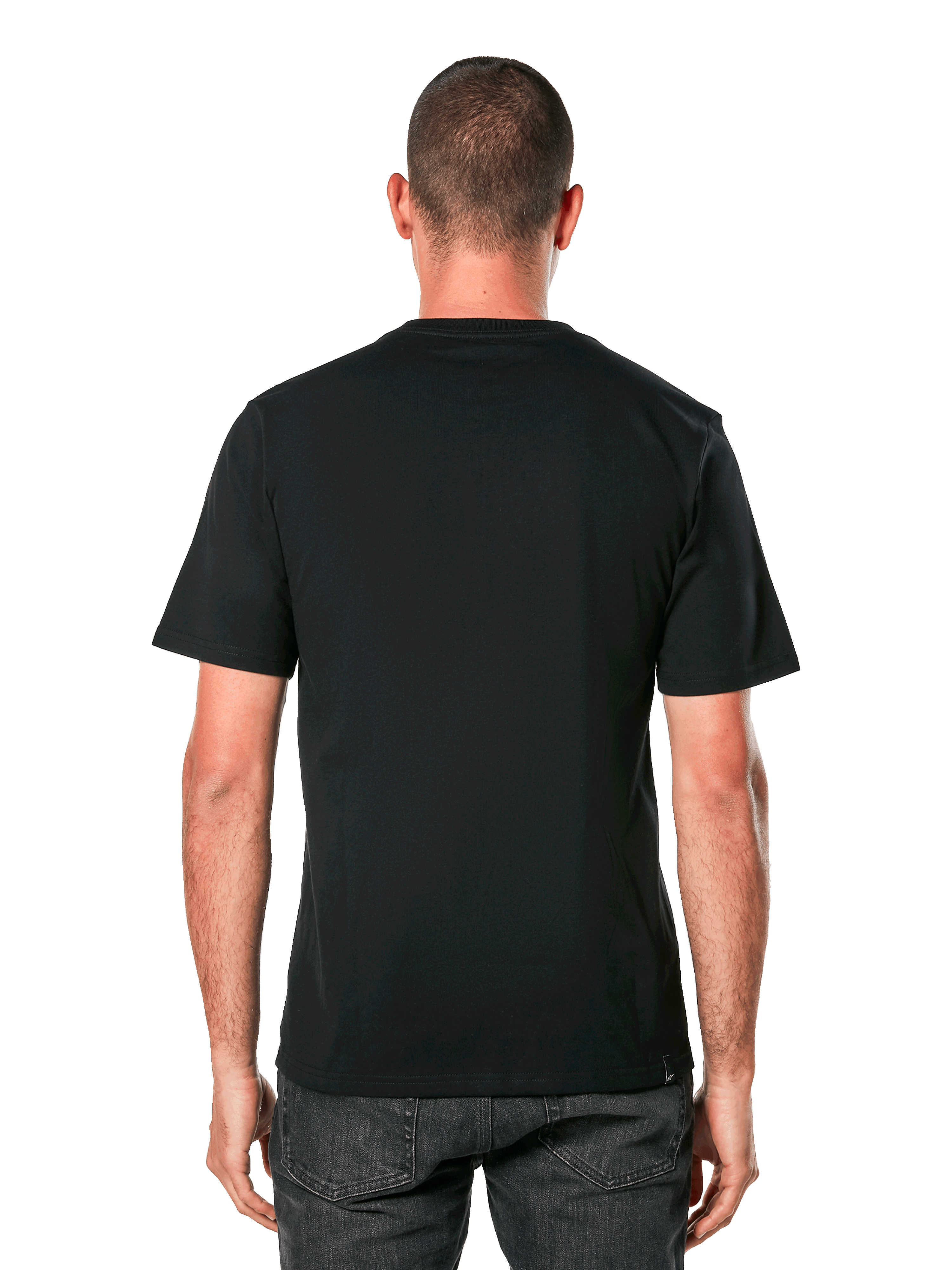 Alpinestars Ride 4.0 CSF Tee, achteraanzicht, zwart t-shirt met korte mouwen, casual sportkleding geïnspireerd op de motorsport, gedragen door man met donkere jeans