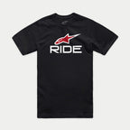 Alpinestars Ride 4.0 CSF Tee, T-shirt met korte mouwen, zwart met rood Alpinestars-logo en witte RIDE-tekst, casual motorsport streetwear
