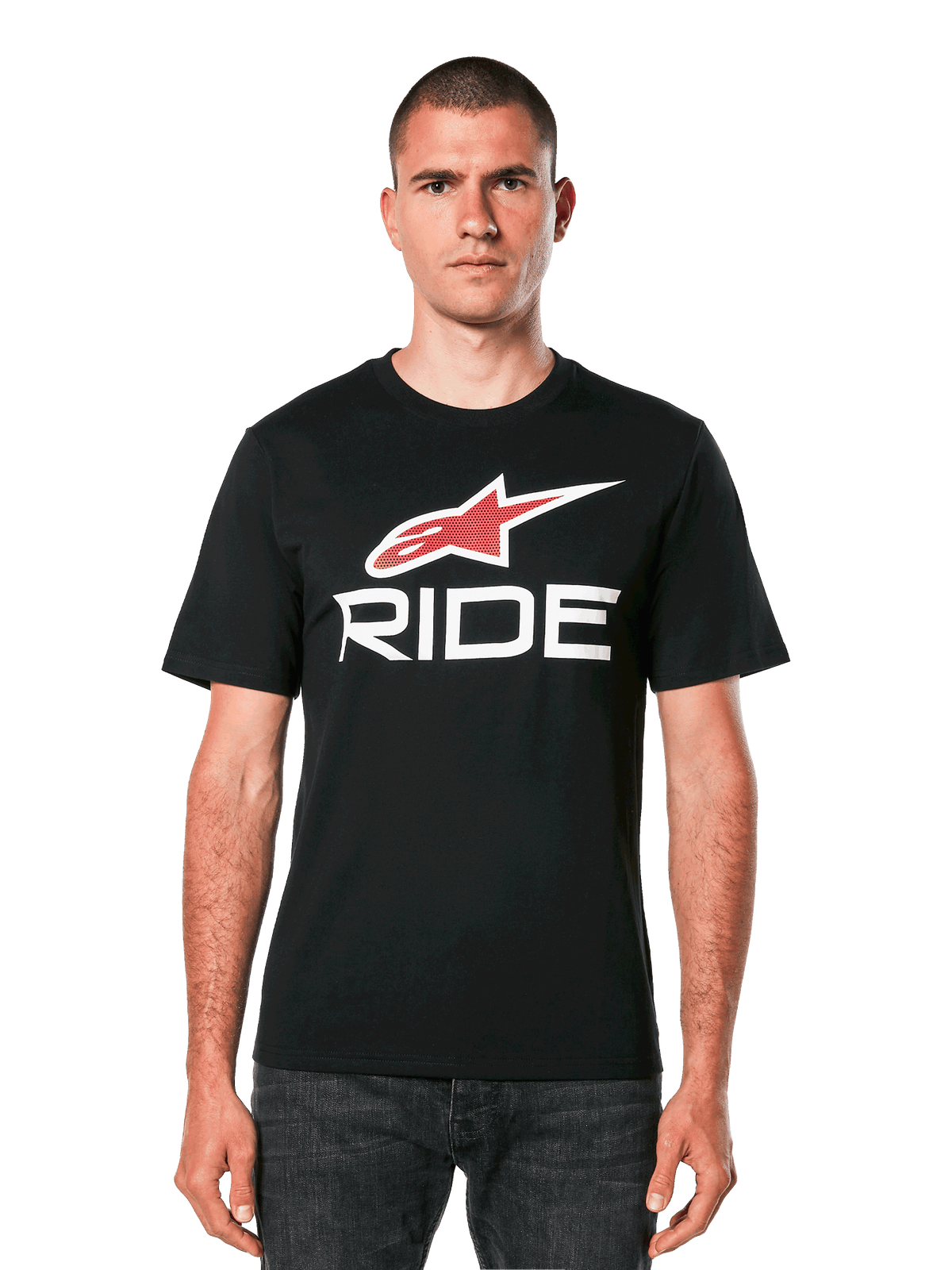 Alpinestars Ride 4.0 CSF Tee, Black Short Sleeve T-Shirt with Red Star Logo and White RIDE Text Graphic, Men's Casual Motorsport Apparel