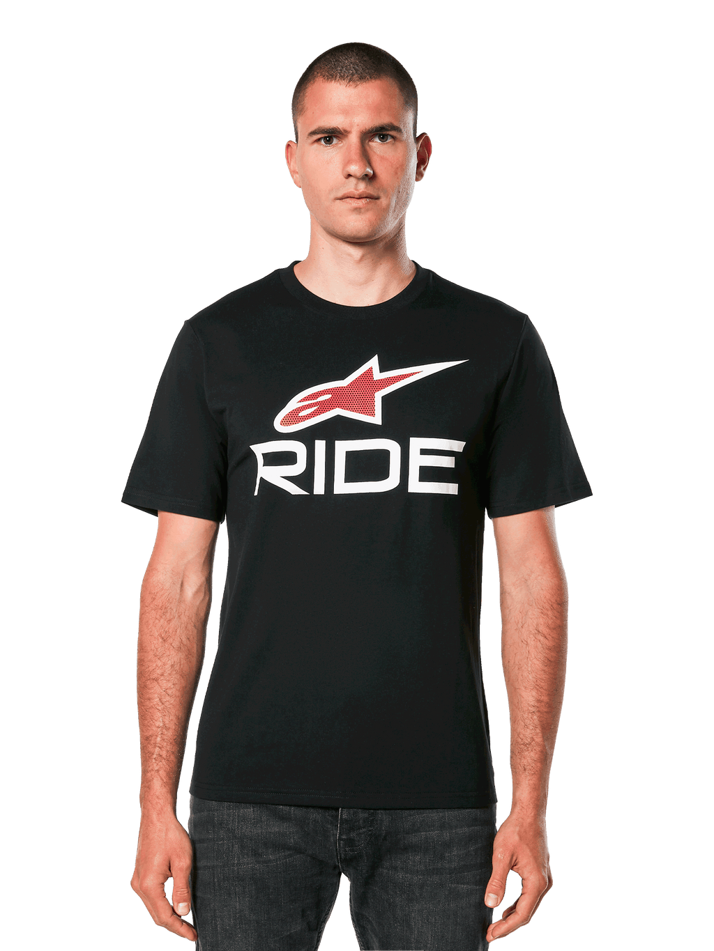 Alpinestars Ride 4.0 CSF t-shirt, zwart t-shirt met korte mouwen met rood sterlogo en witte RIDE-tekst, casual motorsportkleding voor heren