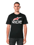 Alpinestars Ride 4.0 CSF t-shirt, zwart t-shirt met korte mouwen met rood sterlogo en witte RIDE-tekst, casual motorsportkleding voor heren