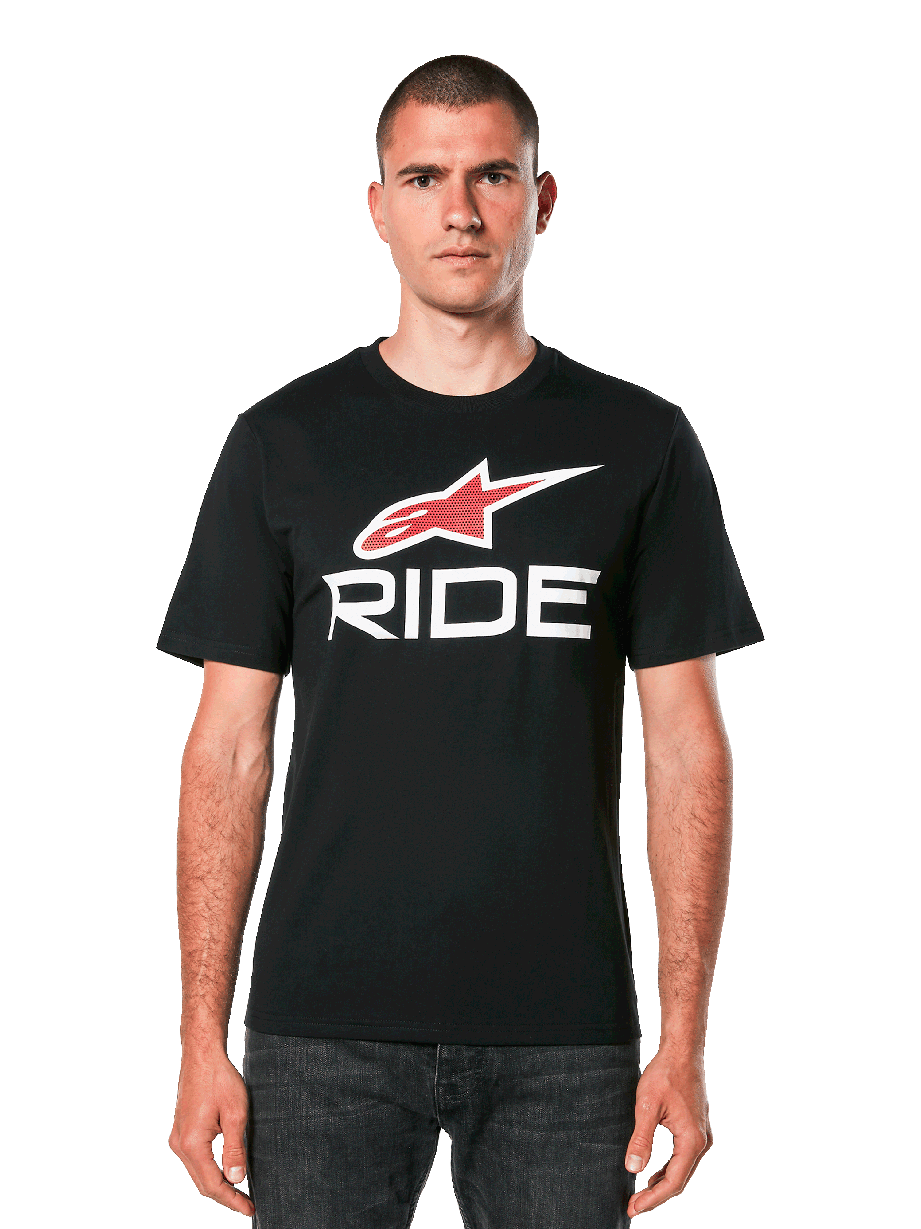 Alpinestars Ride 4.0 CSF t-shirt, zwart t-shirt met korte mouwen met rood sterlogo en witte RIDE-tekst, casual motorsportkleding voor heren