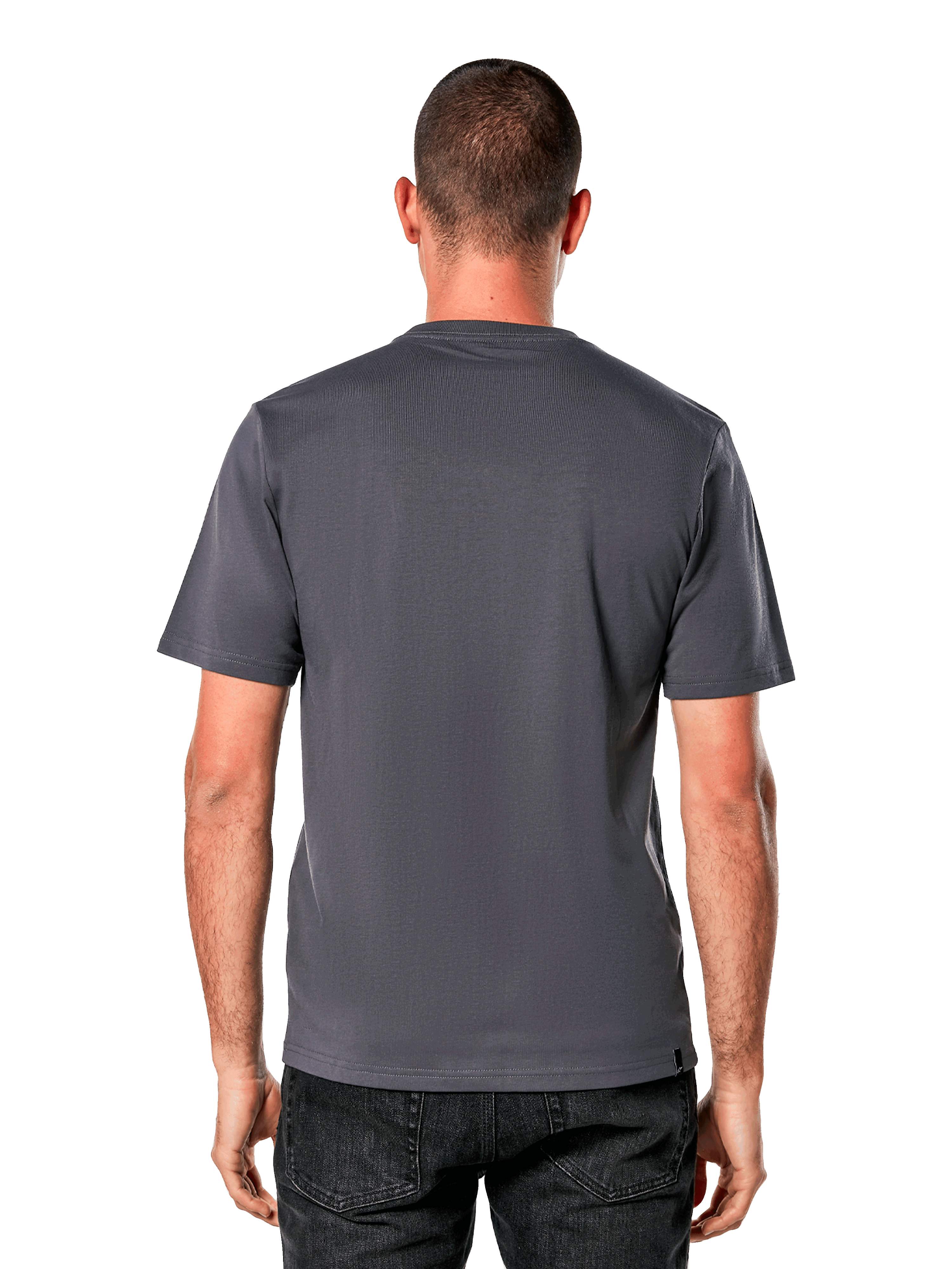 Alpinestars Ride 4.0 CSF Tee, achteraanzicht, T-shirt met korte mouwen, antraciet, effen achterkant met een cut-and-sew pasvorm, gedragen met zwarte jeans, casual streetwear geïnspireerd op de motorsport