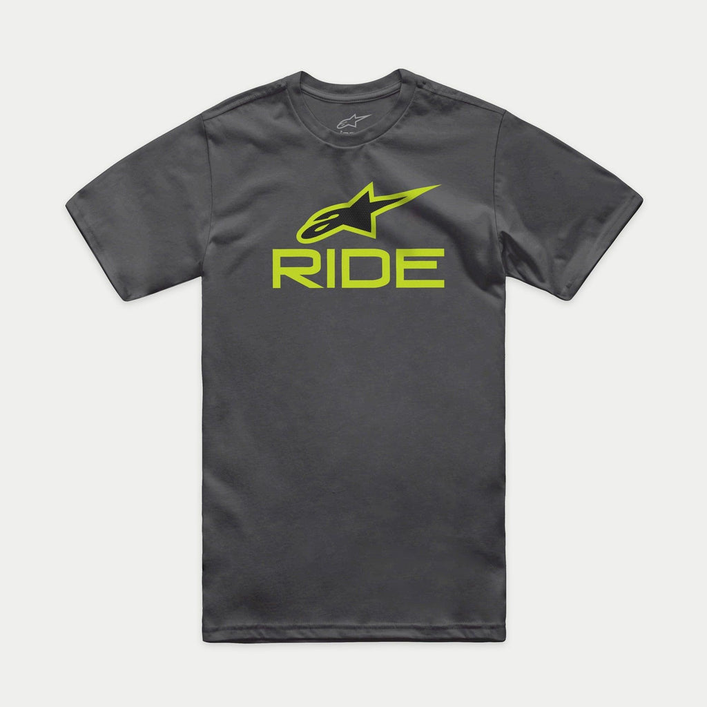 Alpinestars Ride 4.0 CSF Tee, T-shirt met korte mouwen, antraciet, limegroen en zwart Astars-logo met RIDE-tekst, casual motorsport sportkleding
