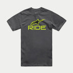 Alpinestars Ride 4.0 CSF Tee, T-shirt met korte mouwen, antraciet, limegroen en zwart Astars-logo met RIDE-tekst, casual motorsport sportkleding