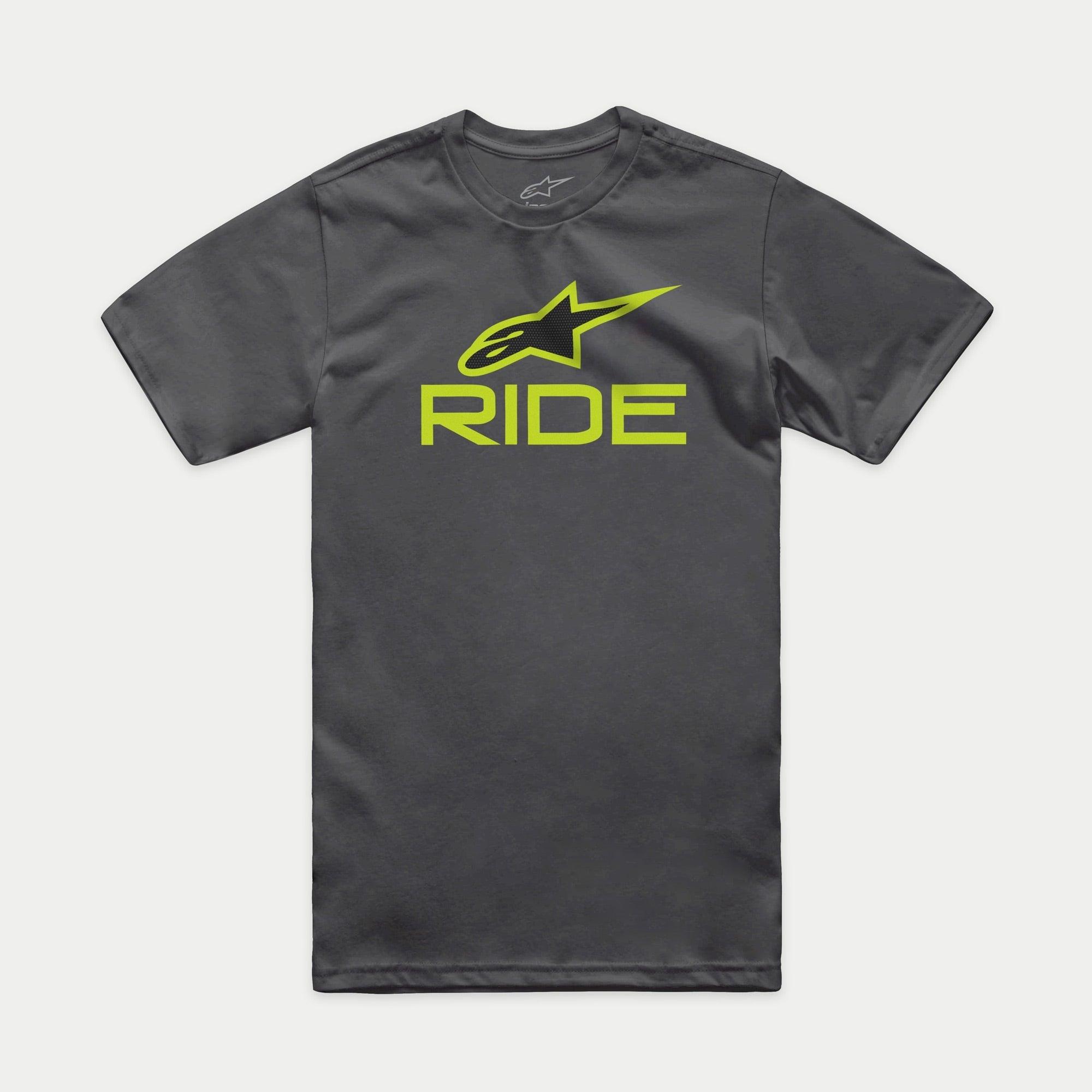 Alpinestars Ride 4.0 CSF Tee, T-shirt met korte mouwen, antraciet, limegroen en zwart Astars-logo met RIDE-tekst, casual motorsport sportkleding